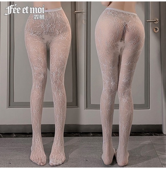 FEE ET MOI Ins Style Flowers Fishnet Waist High Stocking (White)